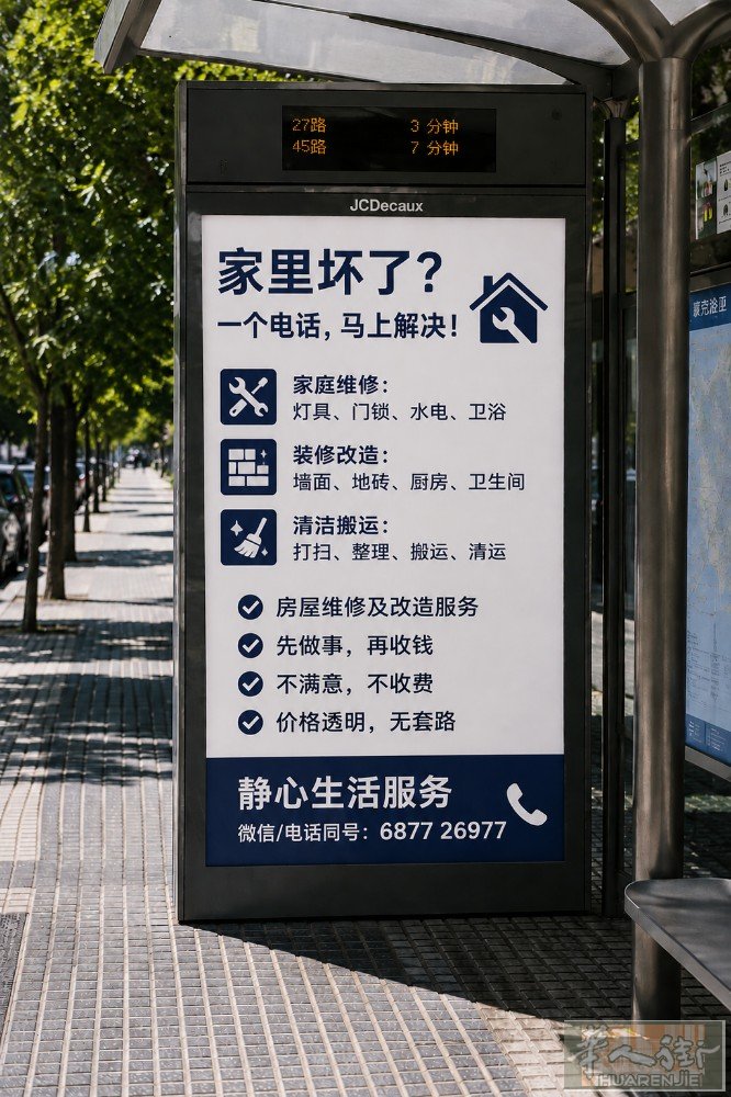 家里坏了？一个电话，马上解决！  🔧 家庭维修（灯、锁、水、电） 🧱 装修改