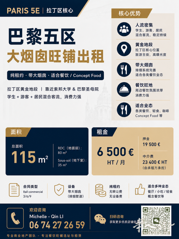 5区saint michel 地铁出口一分钟 大烟囱餐厅空租