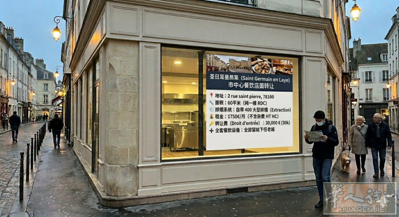 巴黎大区78省富人区Saint-Germain-en-Laye 市中心60平餐饮商铺顶让（带大排烟、全套设备）