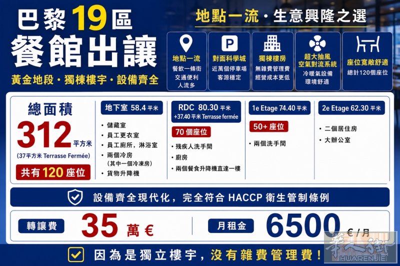 巴黎19区黄金地段餐馆转让｜独栋物业・设备齐全・120座位  位于巴黎19区核心