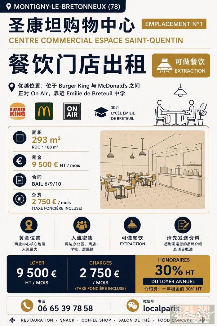 78省购物中心｜麦当劳 + 汉堡王中间｜293㎡餐饮铺  📍 圣康坦购物中心｜