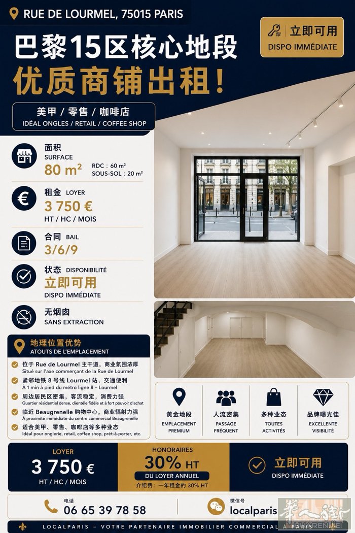 巴黎15区｜80㎡黄金街铺｜全新合同  📍 Rue de Lourmel ·