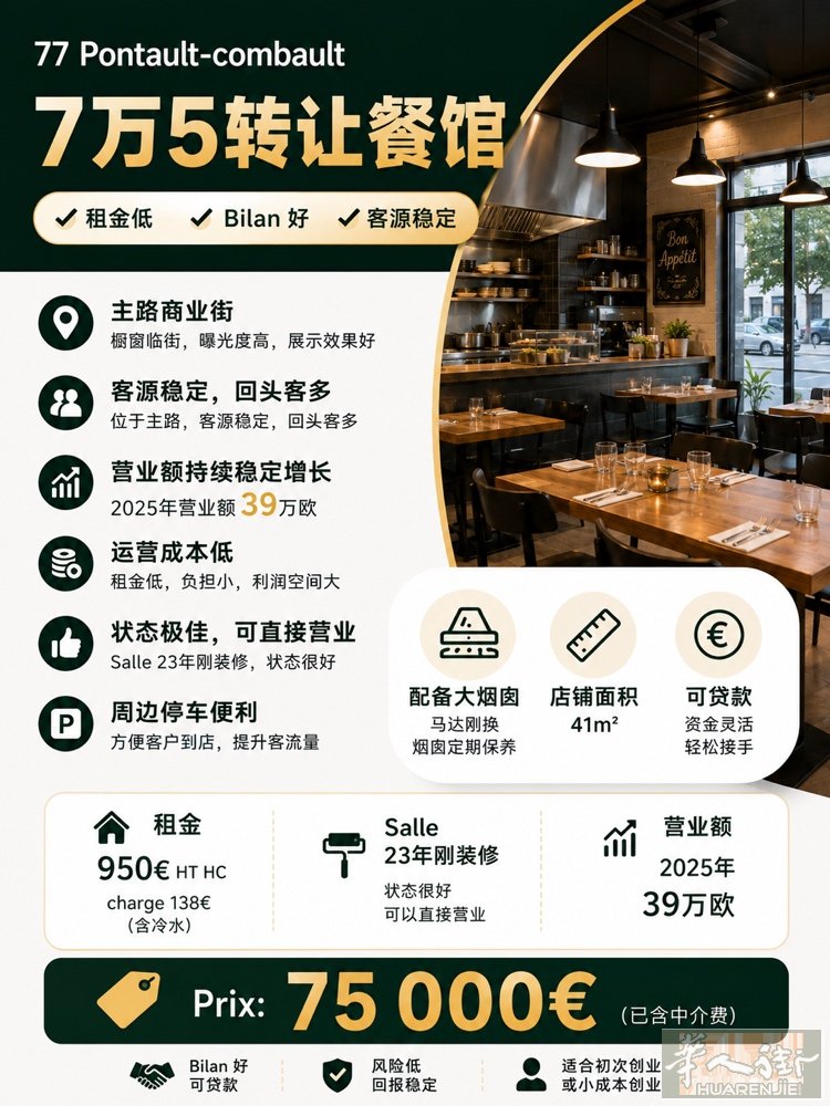 饭店转让77 pontaul-combault - 营业额稳定可贷款 - 租金低