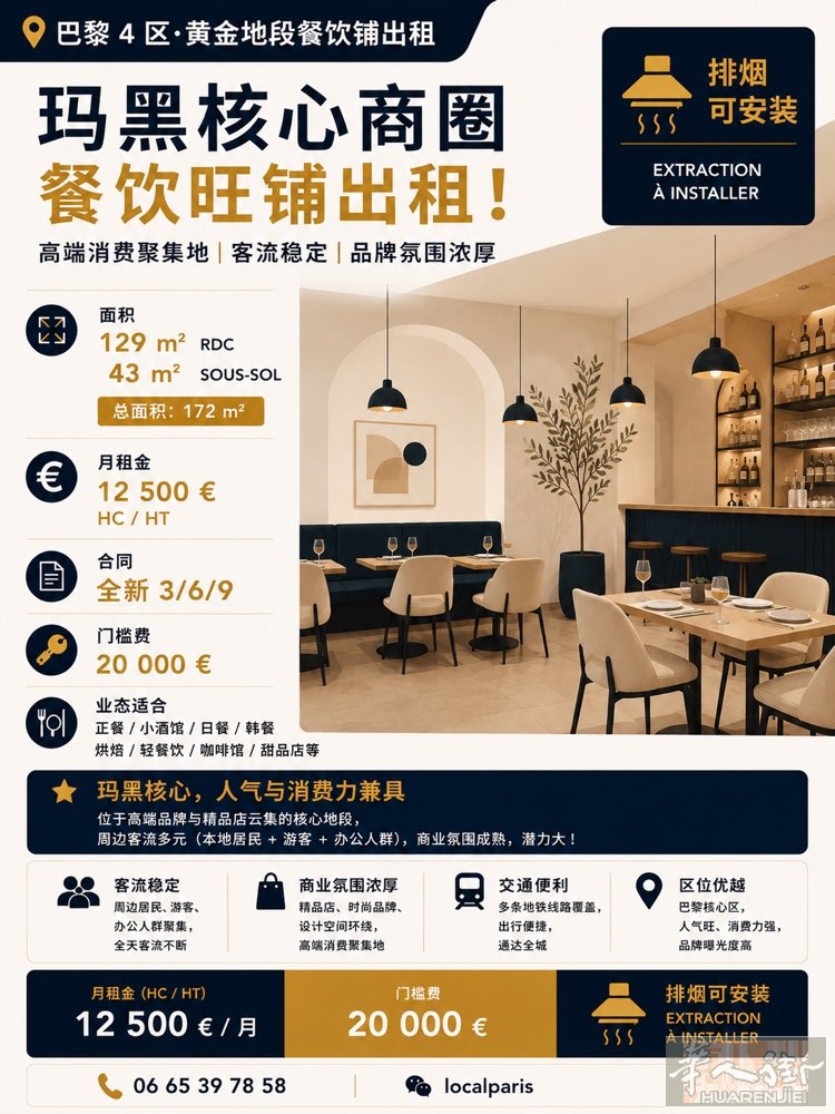 MARAIS 172平可做餐饮 排烟可安装（真正烟囱）｜玛黑核心商圈  高端消费