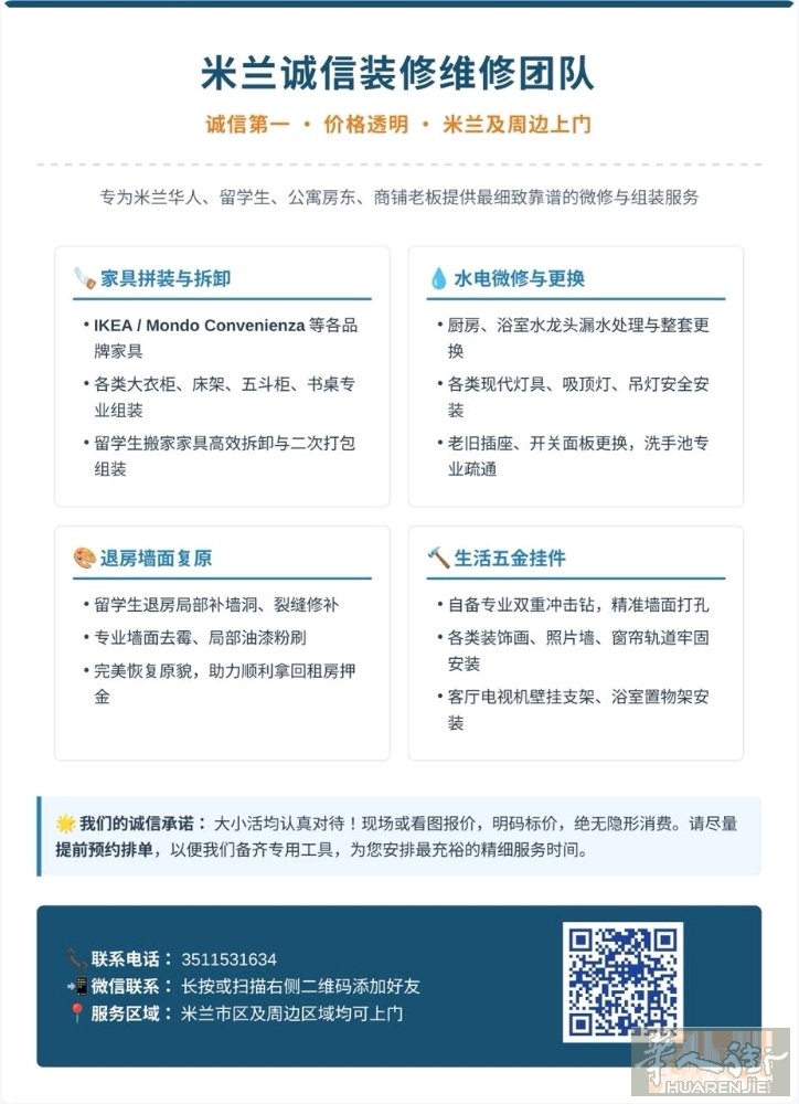 【米兰诚信装修维修团队】—— 专接家庭装修 / 家具组装 / 留学生退房复原等