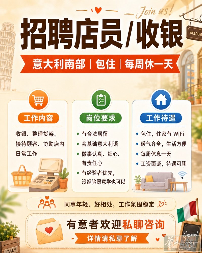 招聘店员/收银｜意大利南部｜三包｜每周休一天