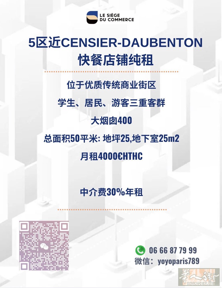 5区近Censier-Daubenton快餐店铺纯租 位于优质传统商业街区 学生