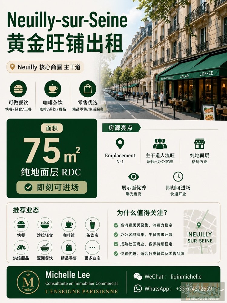 📍 Neuilly-sur-Seine  75㎡纯地面层旺铺出租。  位于主干