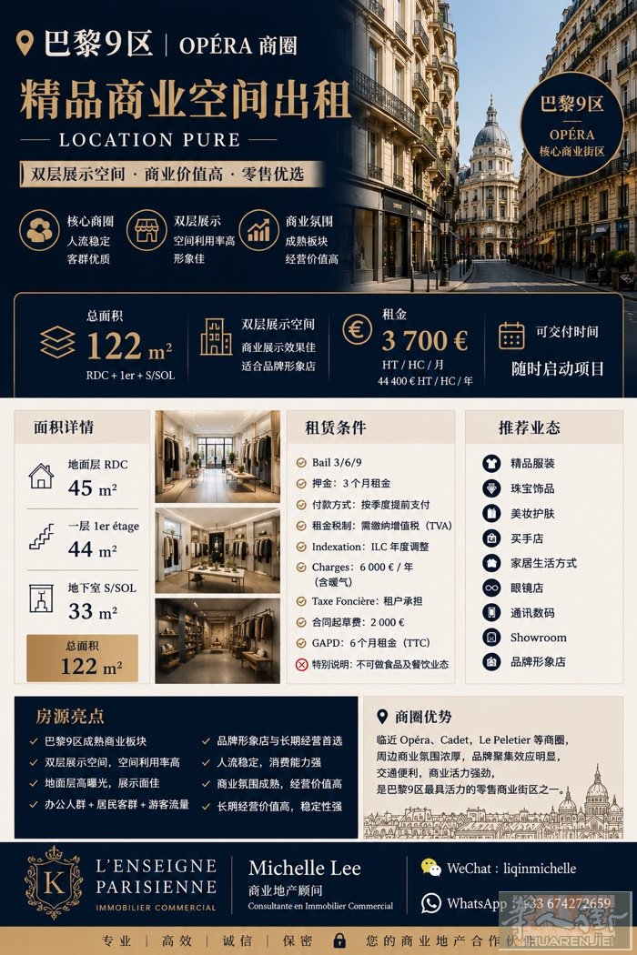 📍巴黎9区｜Opéra 商圈  精品商业空间出租，Location Pure。