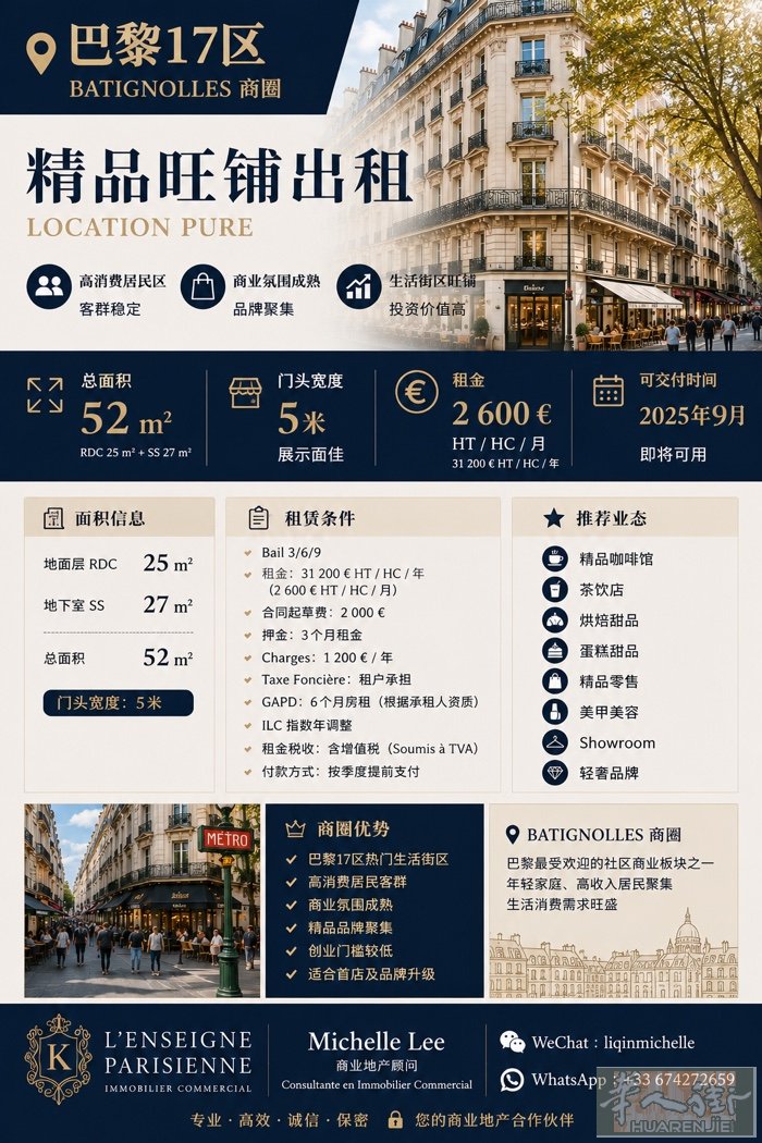 📍 巴黎17区｜Batignolles 商圈  52㎡精品旺铺出租（RDC 2
